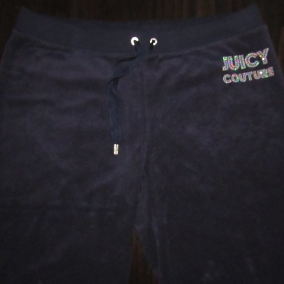 JUICY COUTURE CROP NAVY BLUE TERRY CLOTH SWEAT PANTS-LOGO ON FRONT-TIE WAIST-LG - Picture 3 of 10